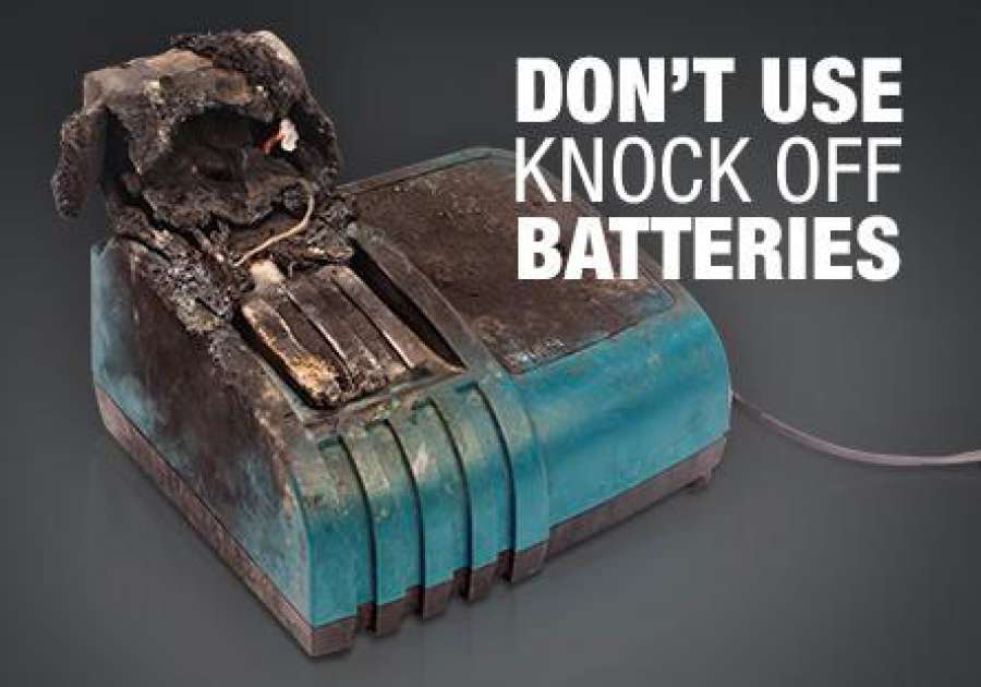 Image shows a non-genuine "knock-off" Makita battery that burst while being charged on a Makita charger.